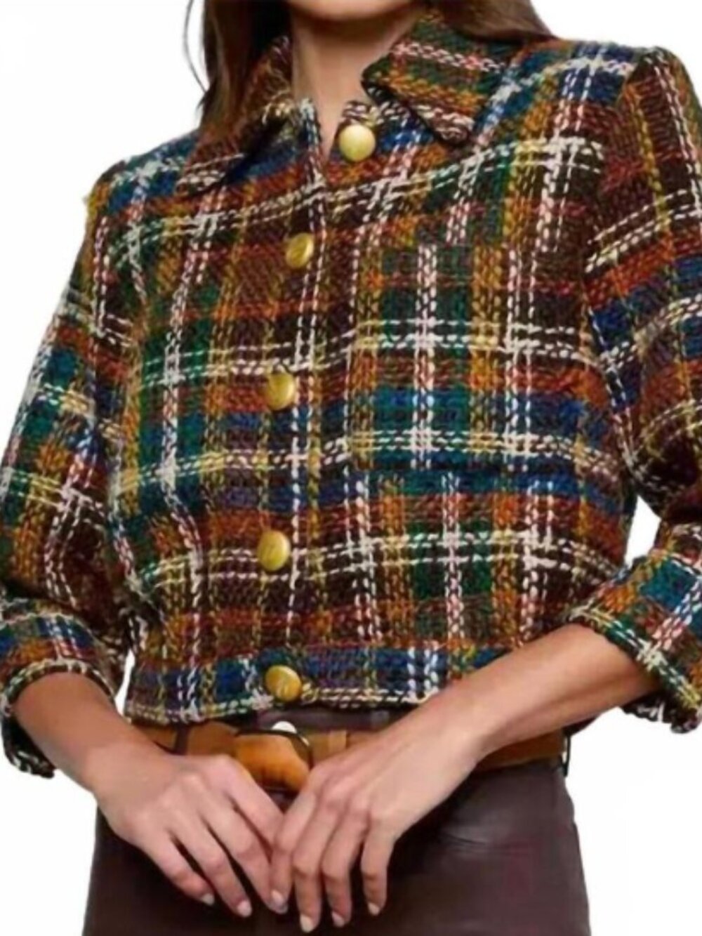 L'Agence Jia Crop Brown Multi Plaid Wool Blend Jacket Sz 6
